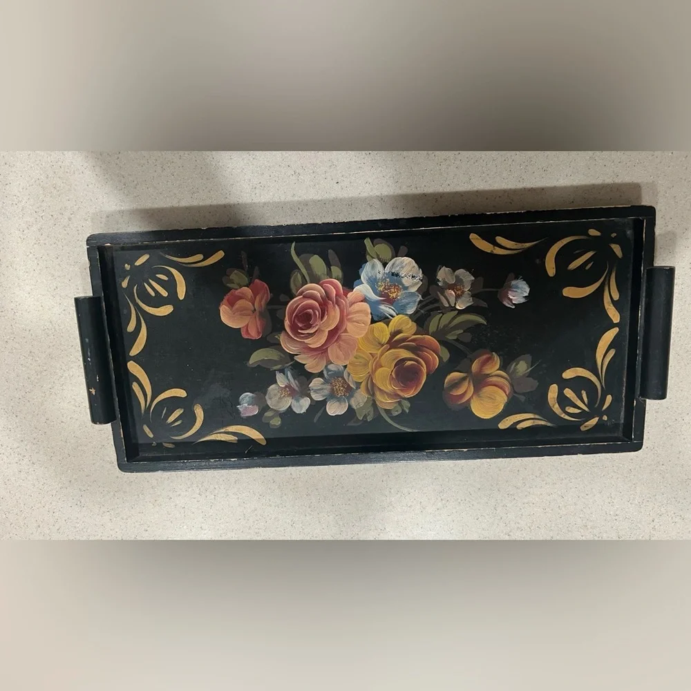 Vintage Decorative Floral Black Serving Tray